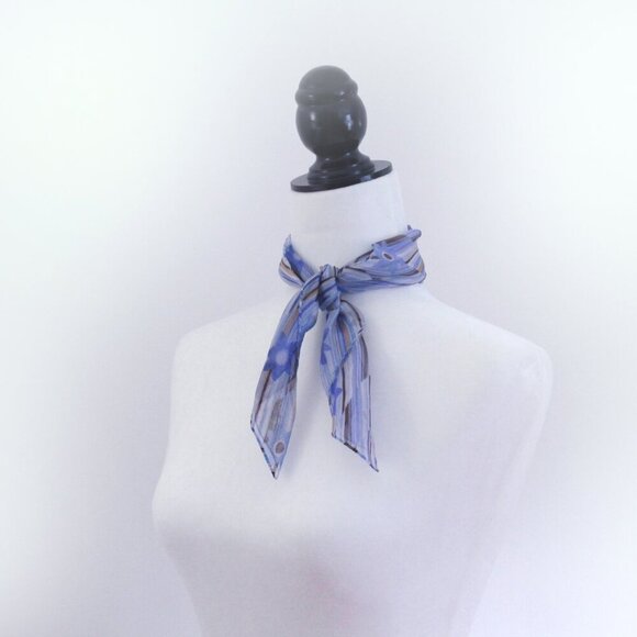 Vintage Floral Scarf, Purple Periwinkle Blue and Brown, Small Square Sca… - Picture 3 of 7